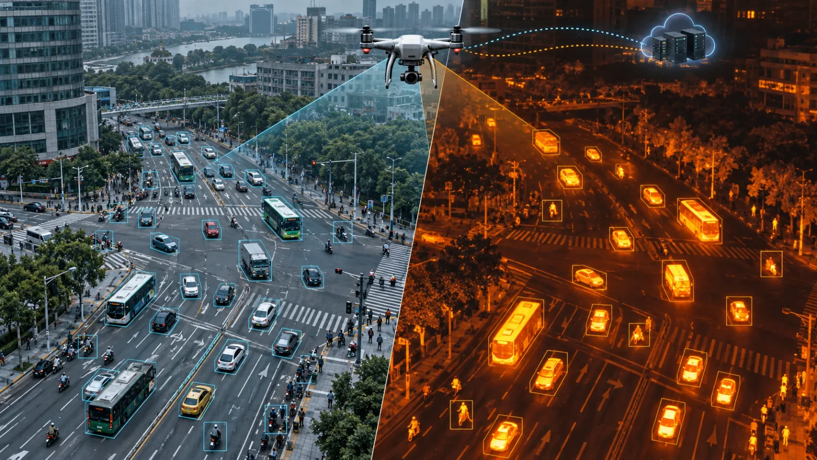 UAV viewing urban traffic through visible and infrared cameras